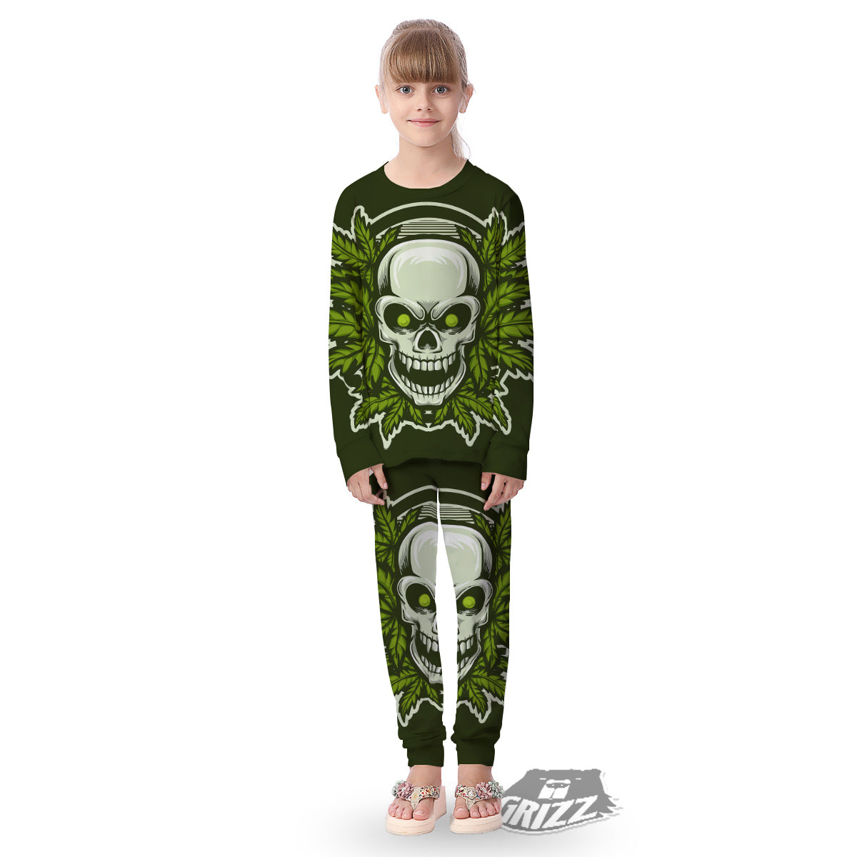 Skull Cannabis Print Kid's Pajamas-grizzshop