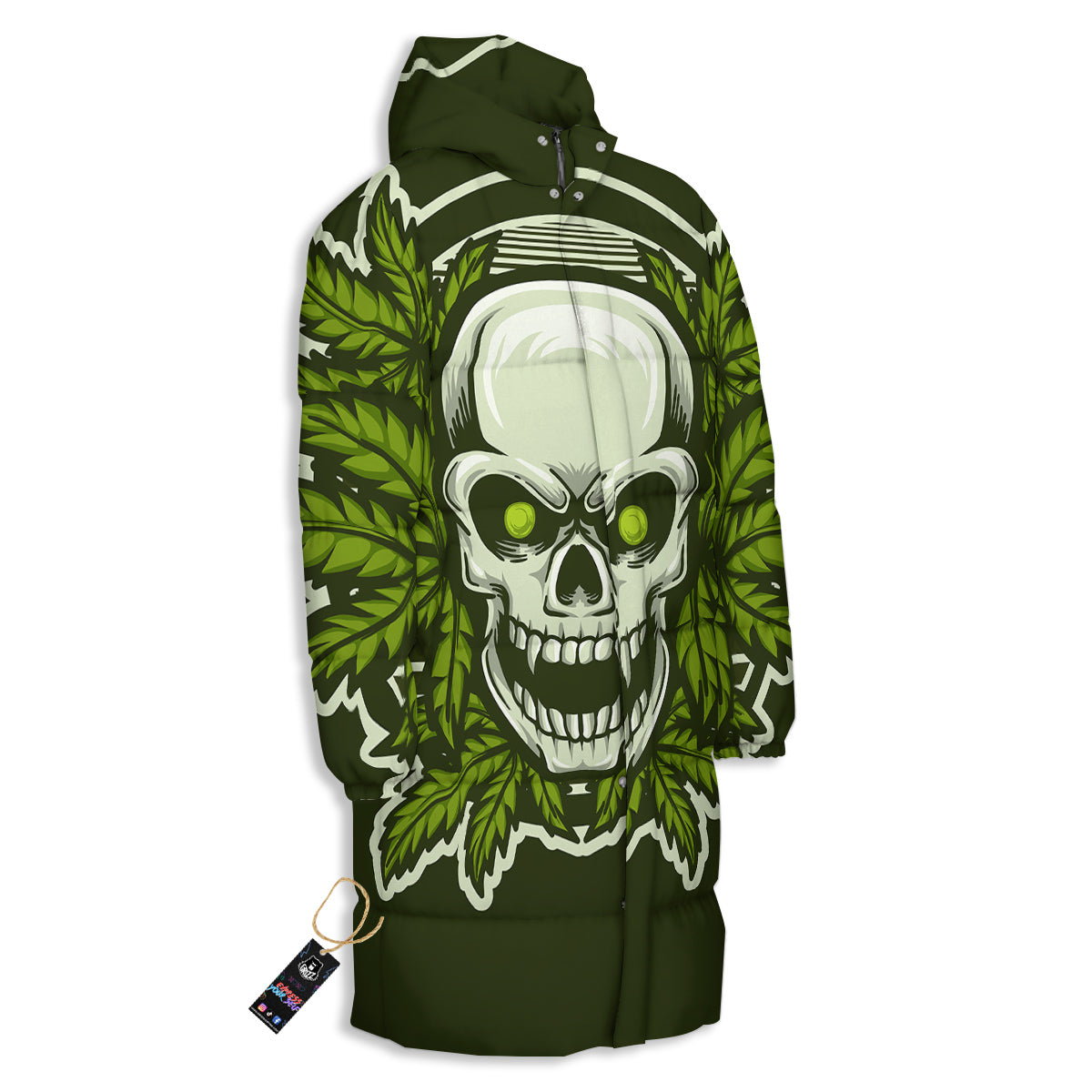 Skull Cannabis Print Long Down Jacket-grizzshop