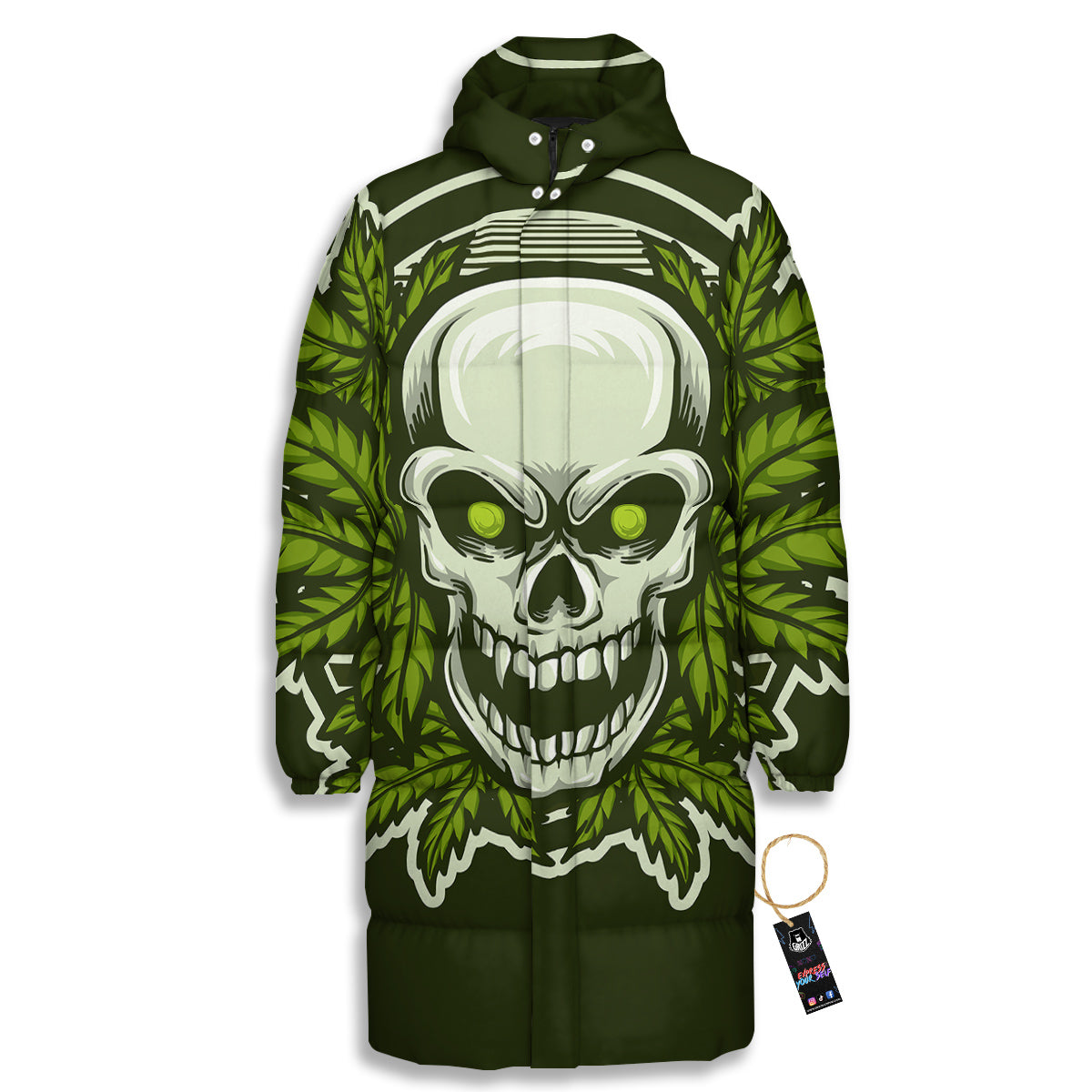 Skull Cannabis Print Long Down Jacket-grizzshop