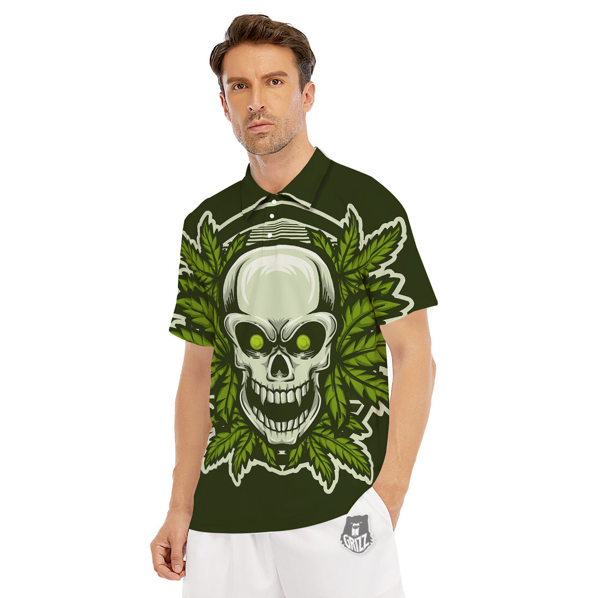 Skull Cannabis Print Men's Golf Shirts-grizzshop