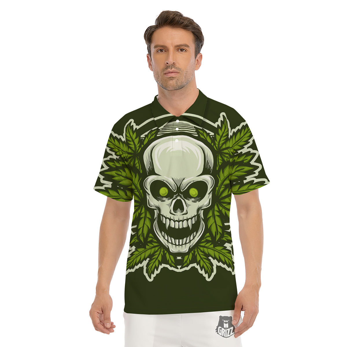 Skull Cannabis Print Men's Golf Shirts-grizzshop