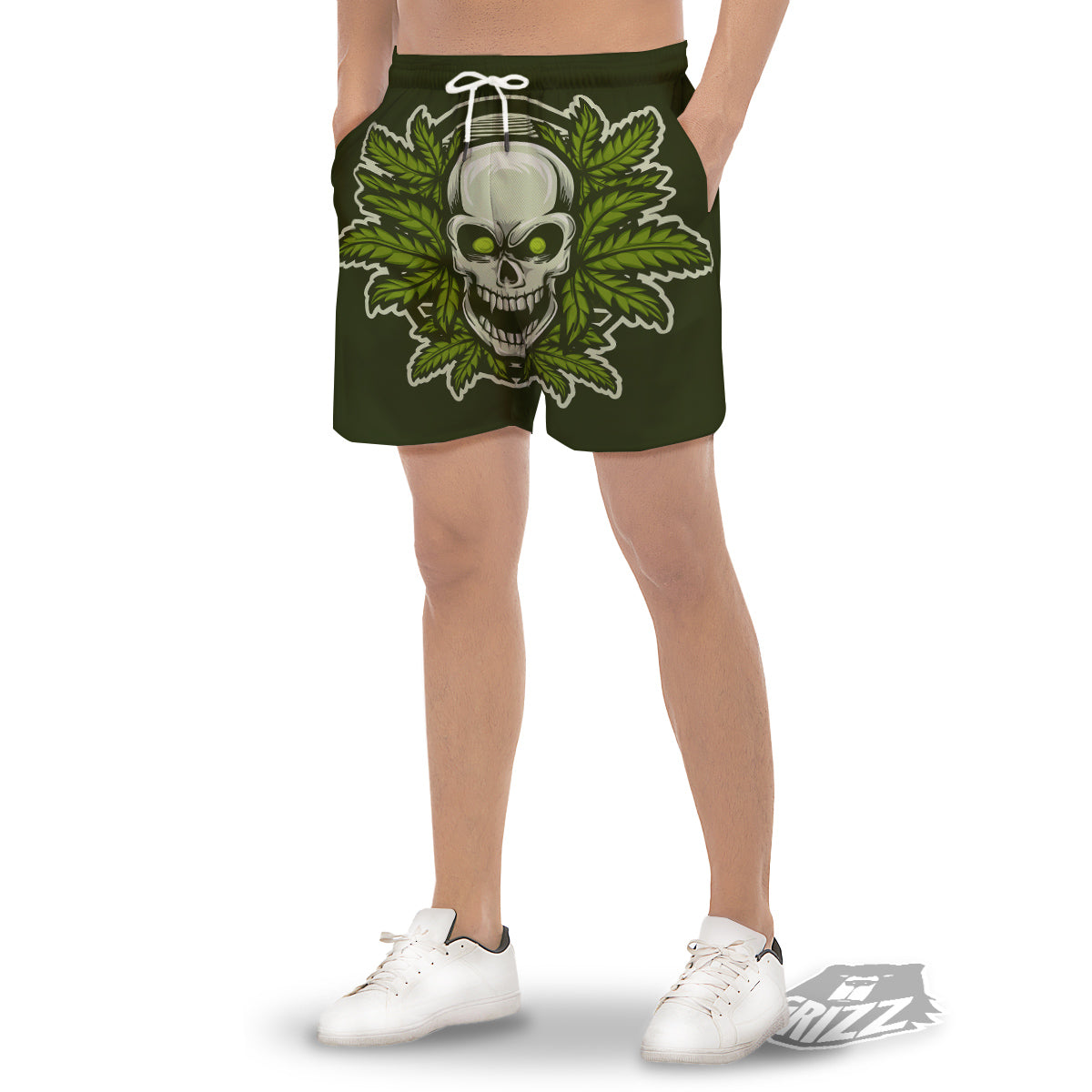 Skull Cannabis Print Men's Gym Shorts-grizzshop