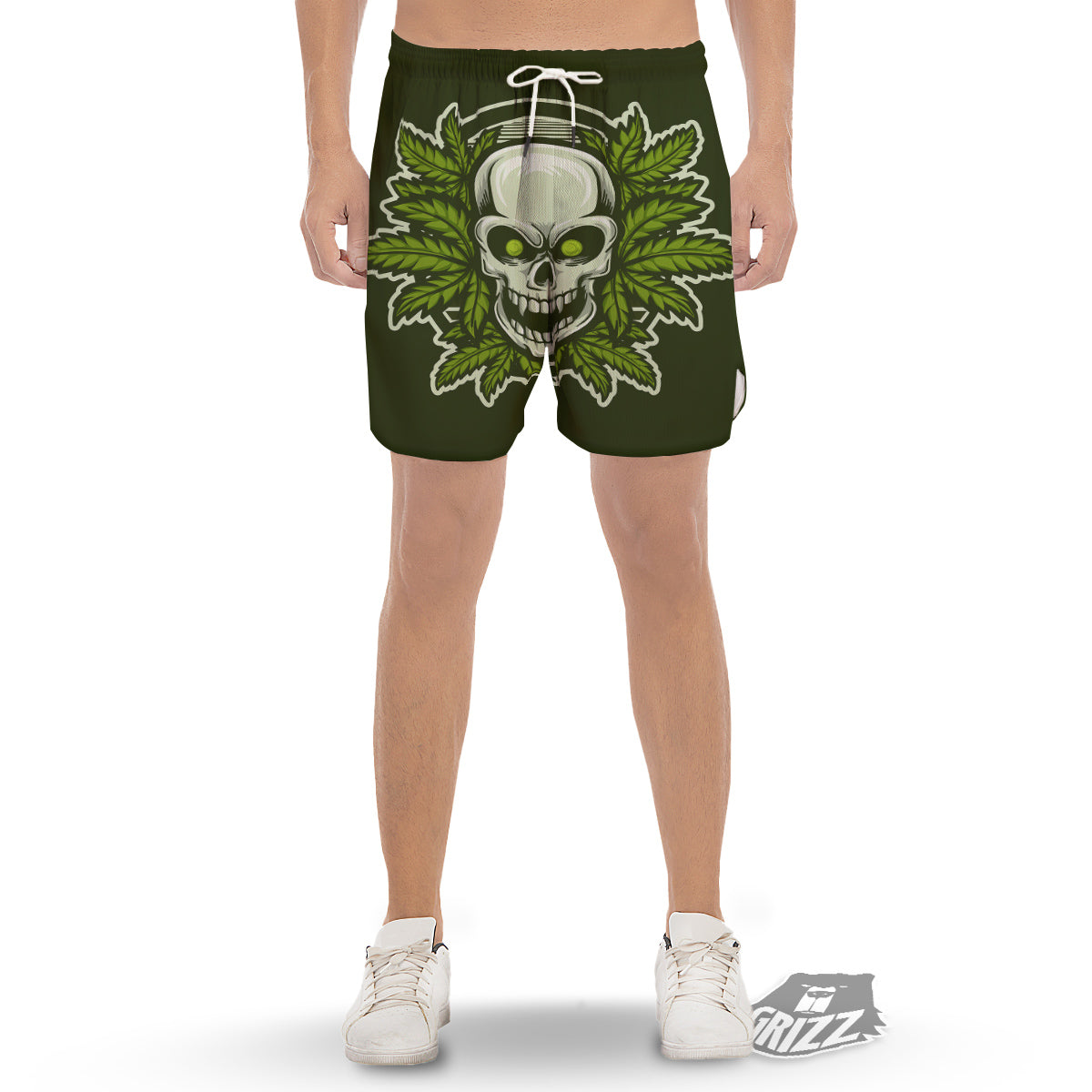 Skull Cannabis Print Men's Gym Shorts-grizzshop
