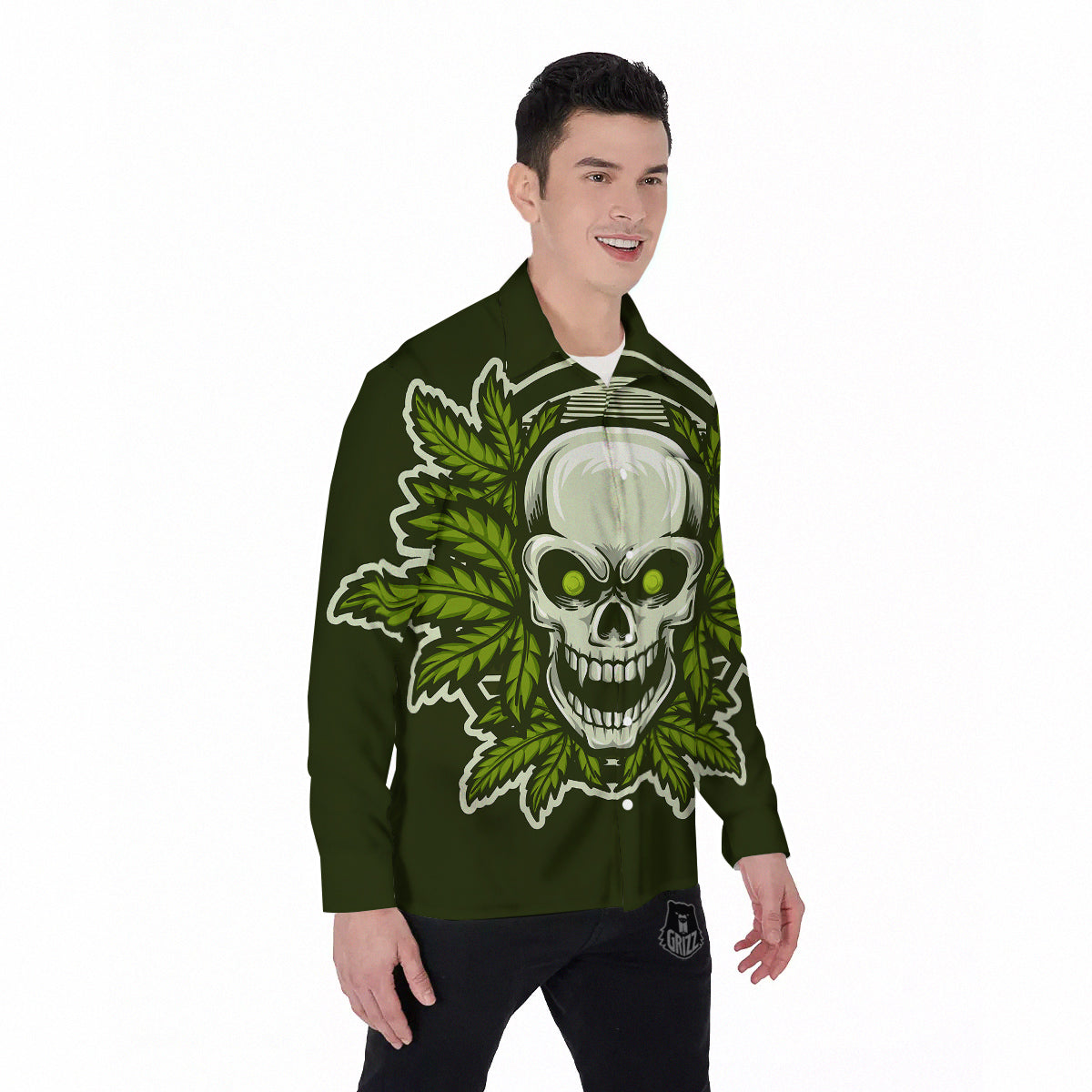 Skull Cannabis Print Men's Long Sleeve Shirts-grizzshop