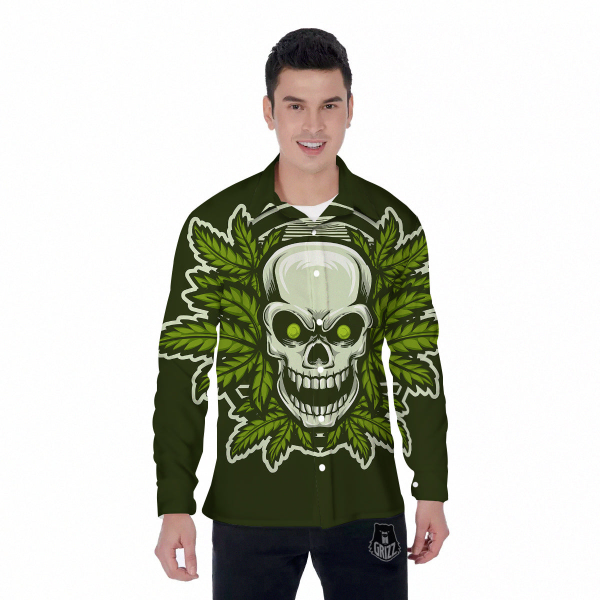 Skull Cannabis Print Men's Long Sleeve Shirts-grizzshop