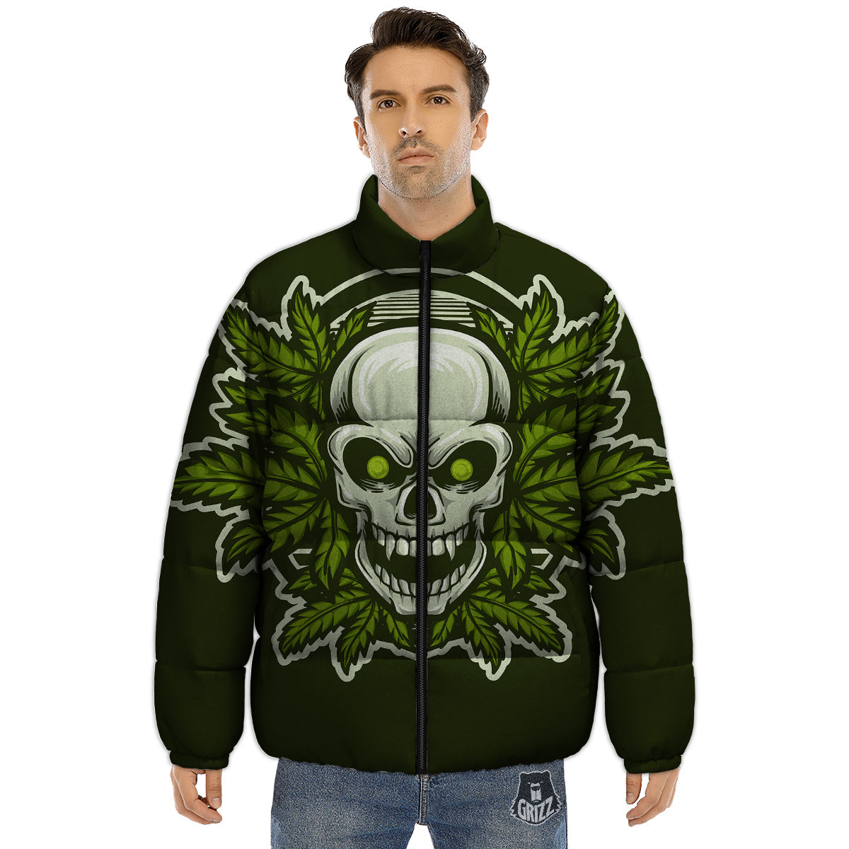 Skull Cannabis Print Puffer Jacket-grizzshop