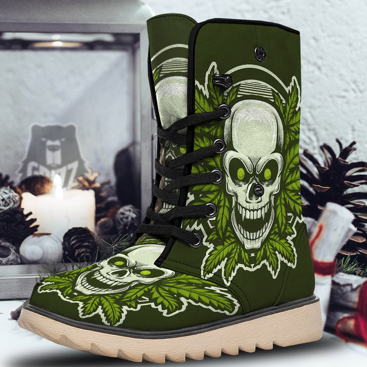Skull Cannabis Print Snow Boots-grizzshop