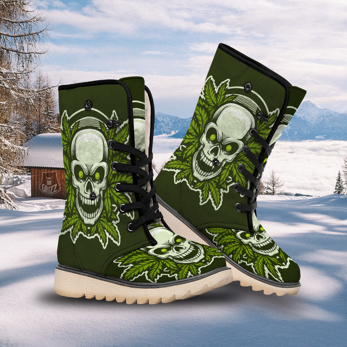 Skull Cannabis Print Snow Boots-grizzshop