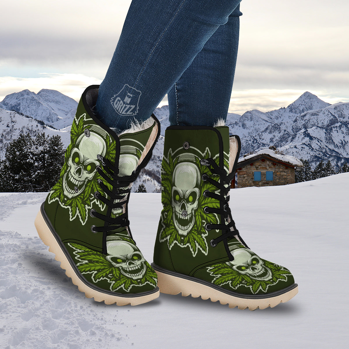 Skull Cannabis Print Snow Boots-grizzshop