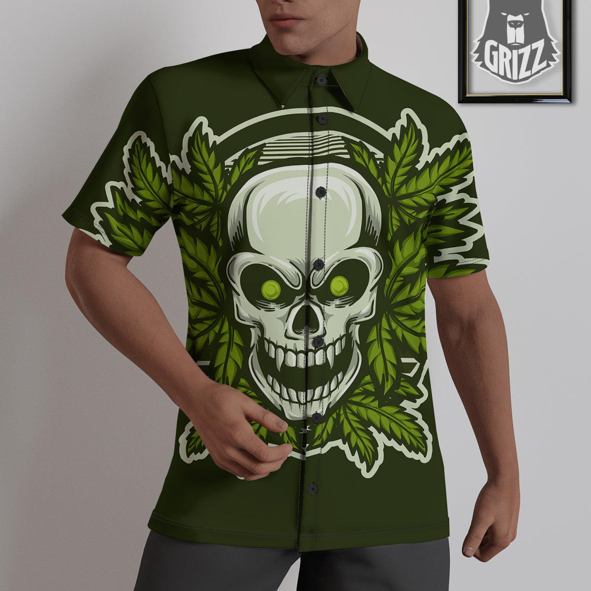 Skull Cannabis Print Untucked Shirts-grizzshop