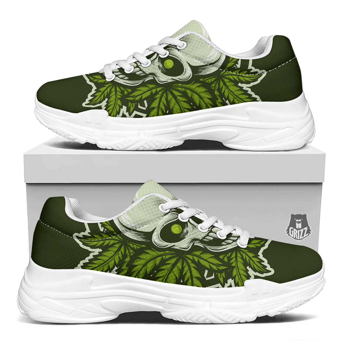Skull Cannabis Print White Chunky Shoes-grizzshop