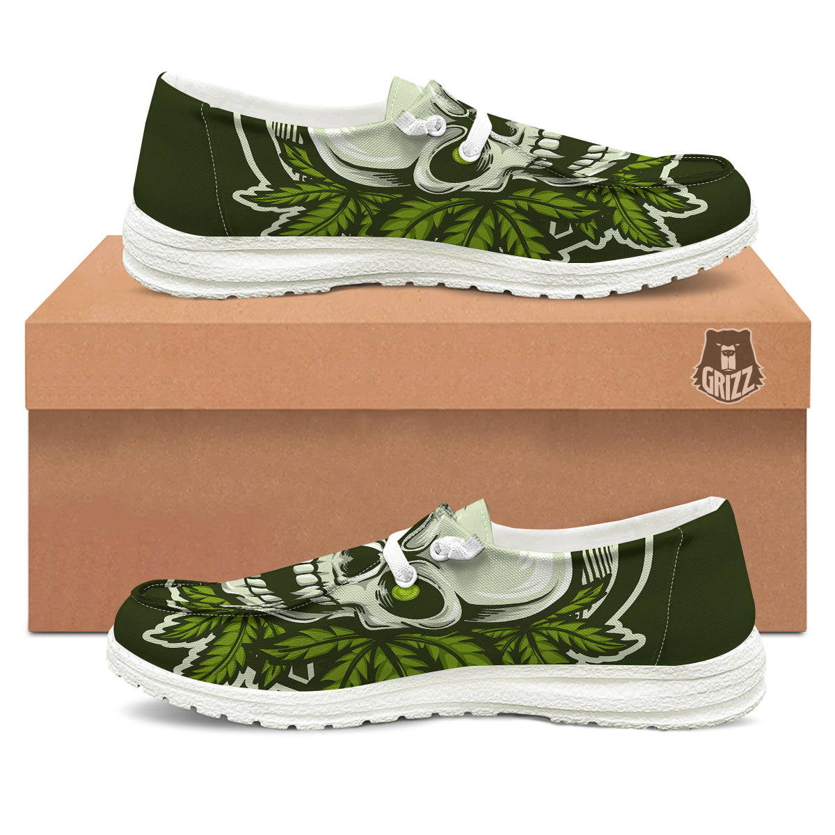 Skull Cannabis Print White Loafers-grizzshop