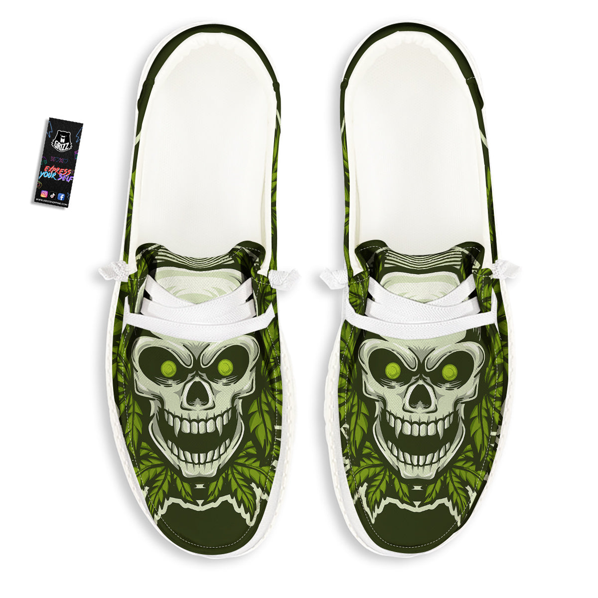 Skull Cannabis Print White Loafers-grizzshop