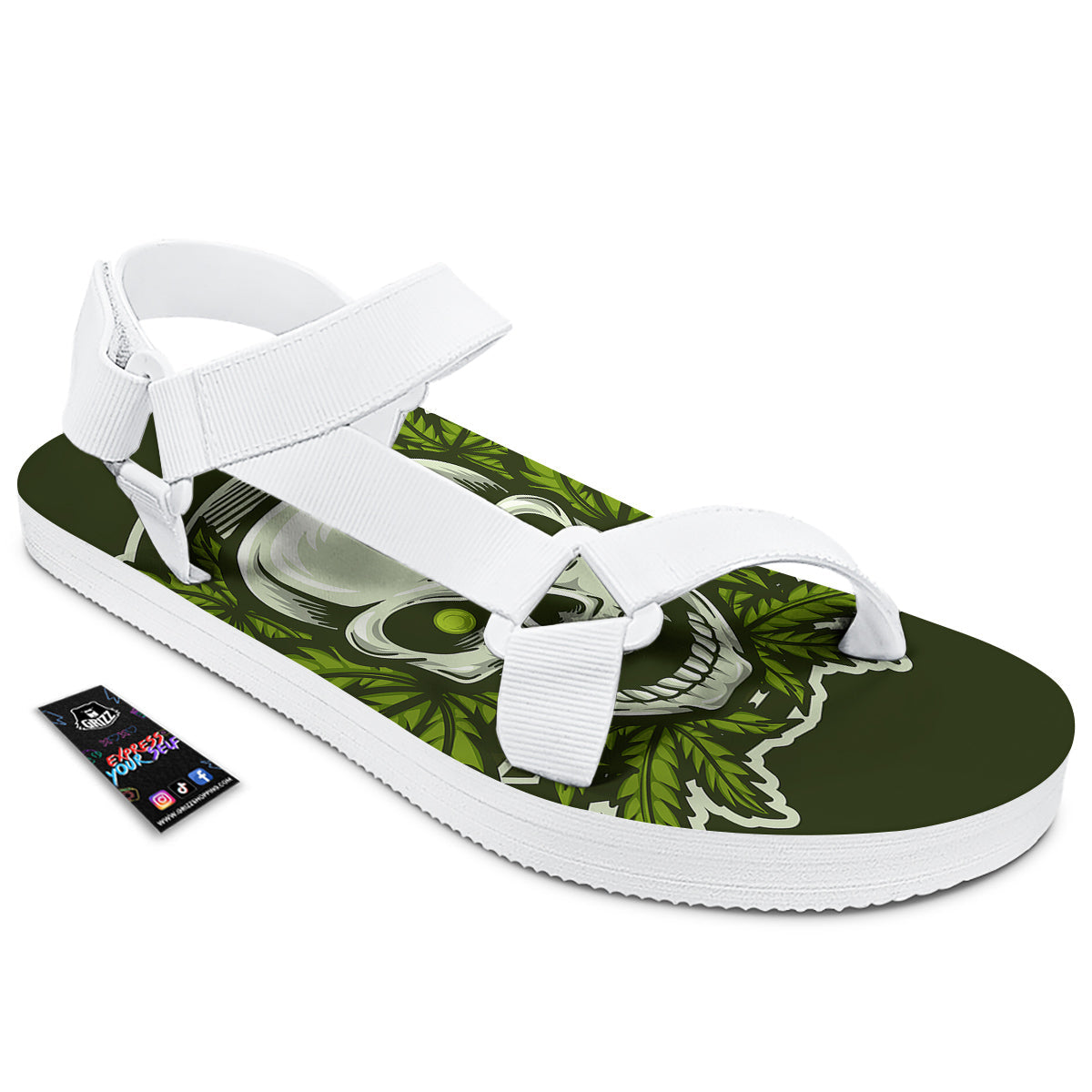 Skull Cannabis Print White Open Toe Sandals-grizzshop