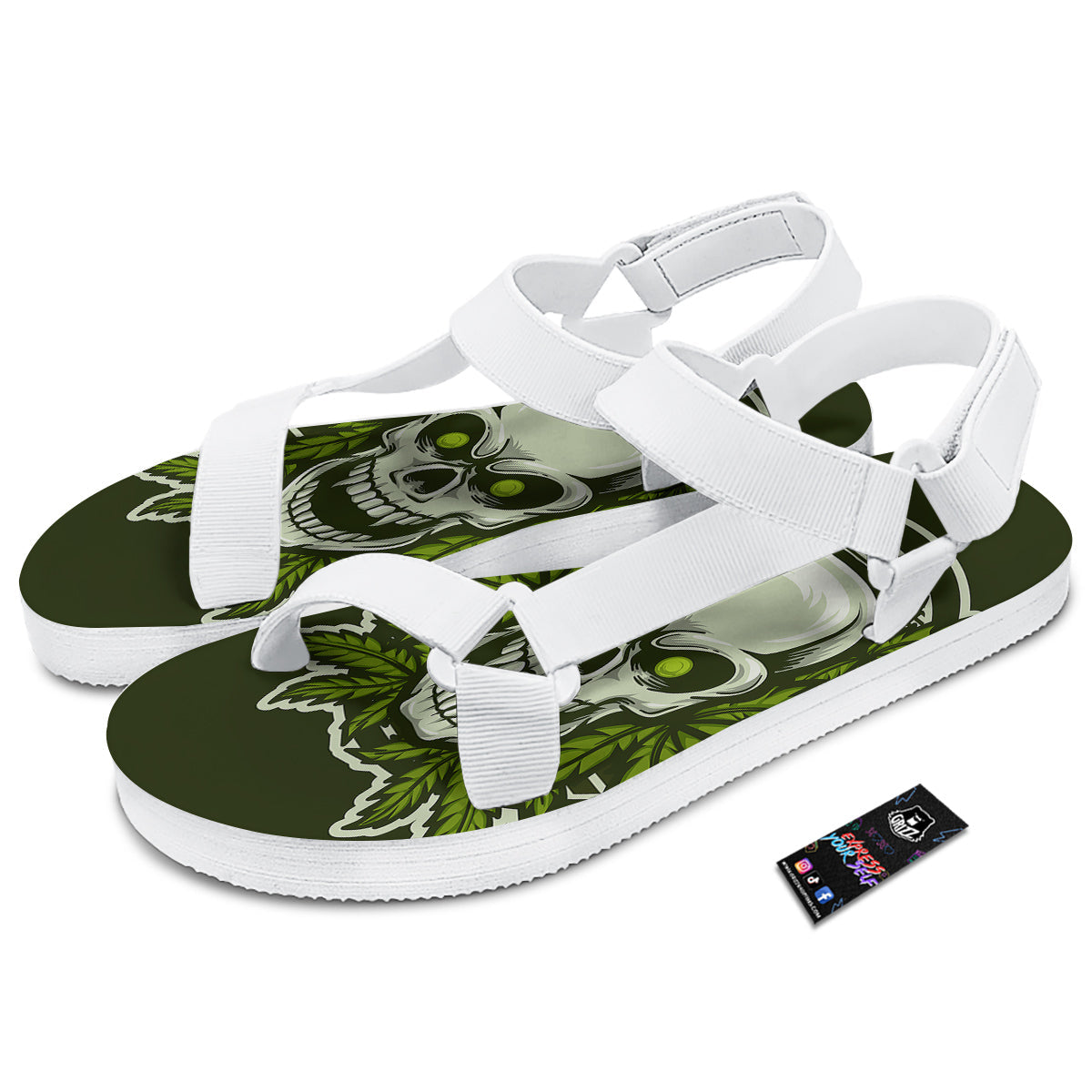 Skull Cannabis Print White Open Toe Sandals-grizzshop