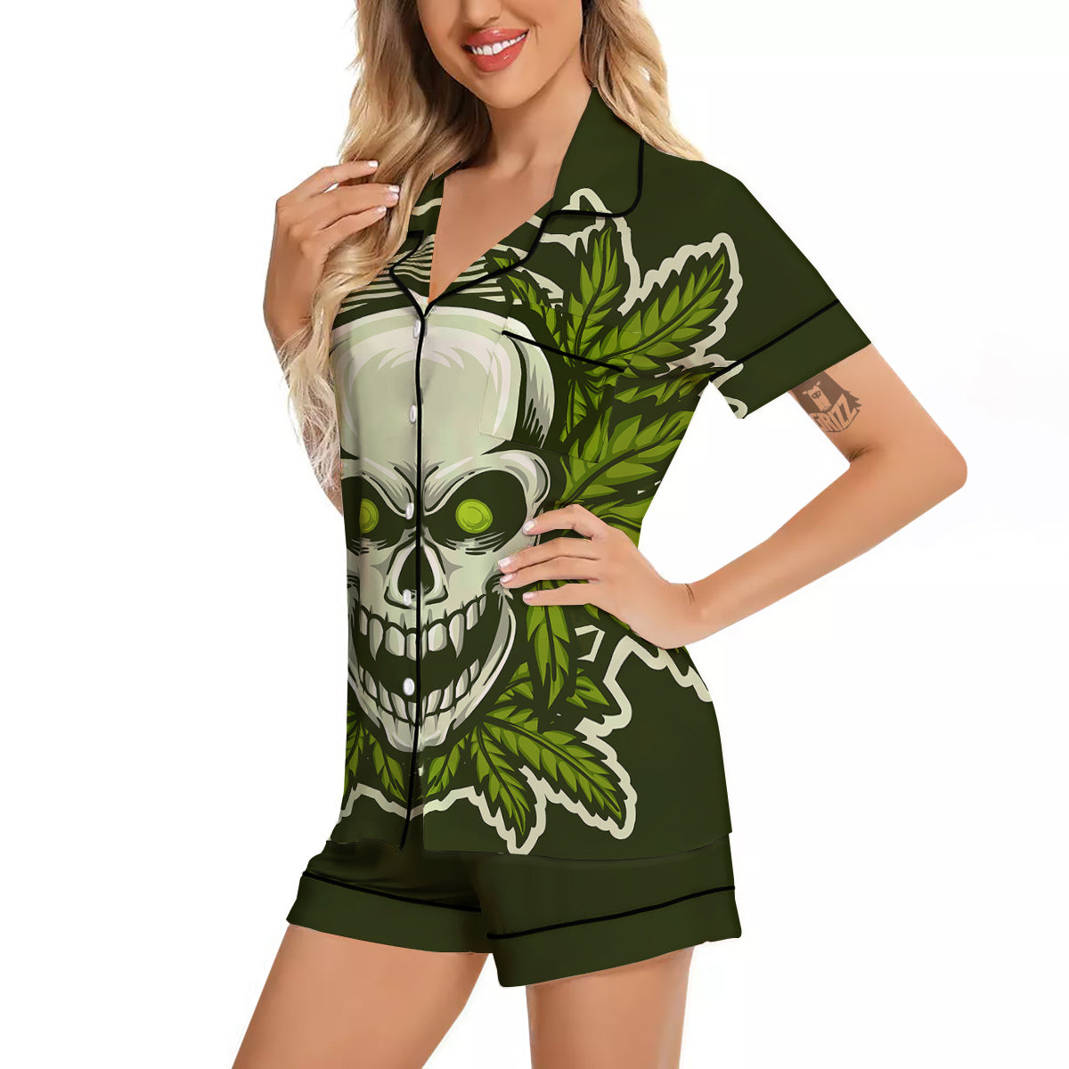 Skull Cannabis Print Women Silk Pajamas-grizzshop