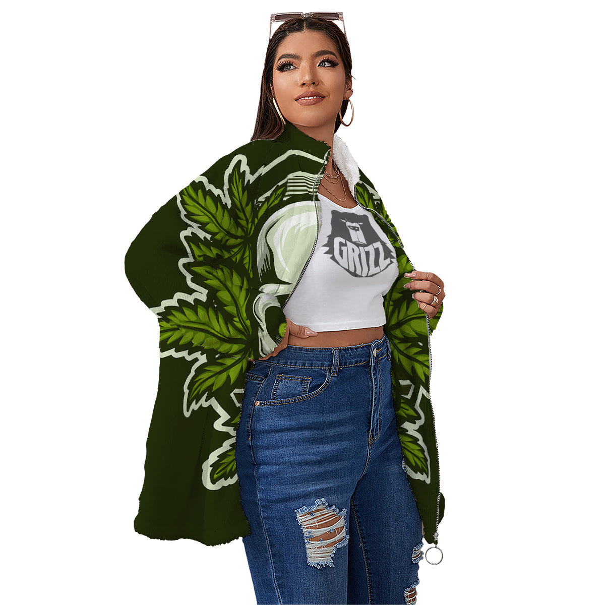 Skull Cannabis Print Women's Sherpa Jacket-grizzshop