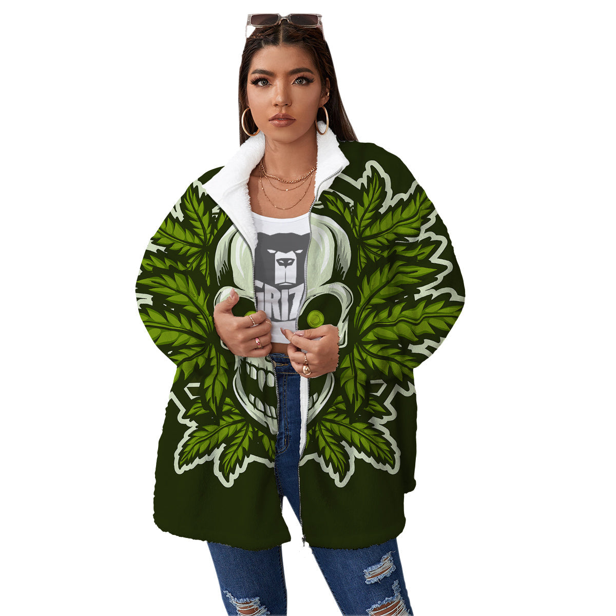 Skull Cannabis Print Women's Sherpa Jacket-grizzshop