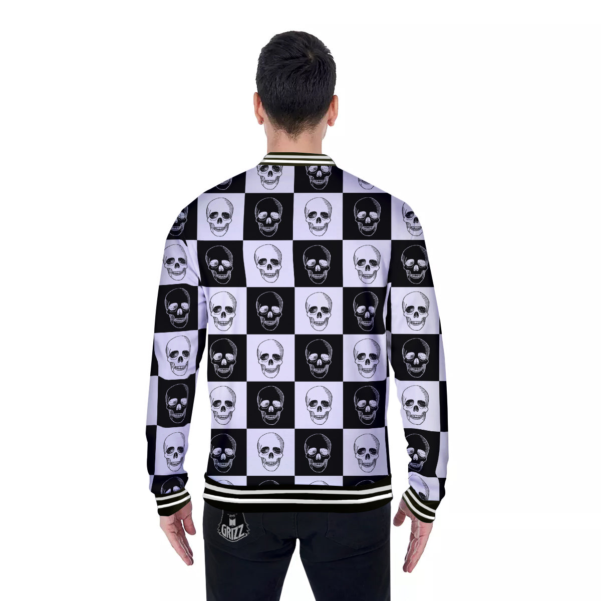 Skull Checkered Print Pattern Baseball Jacket-grizzshop