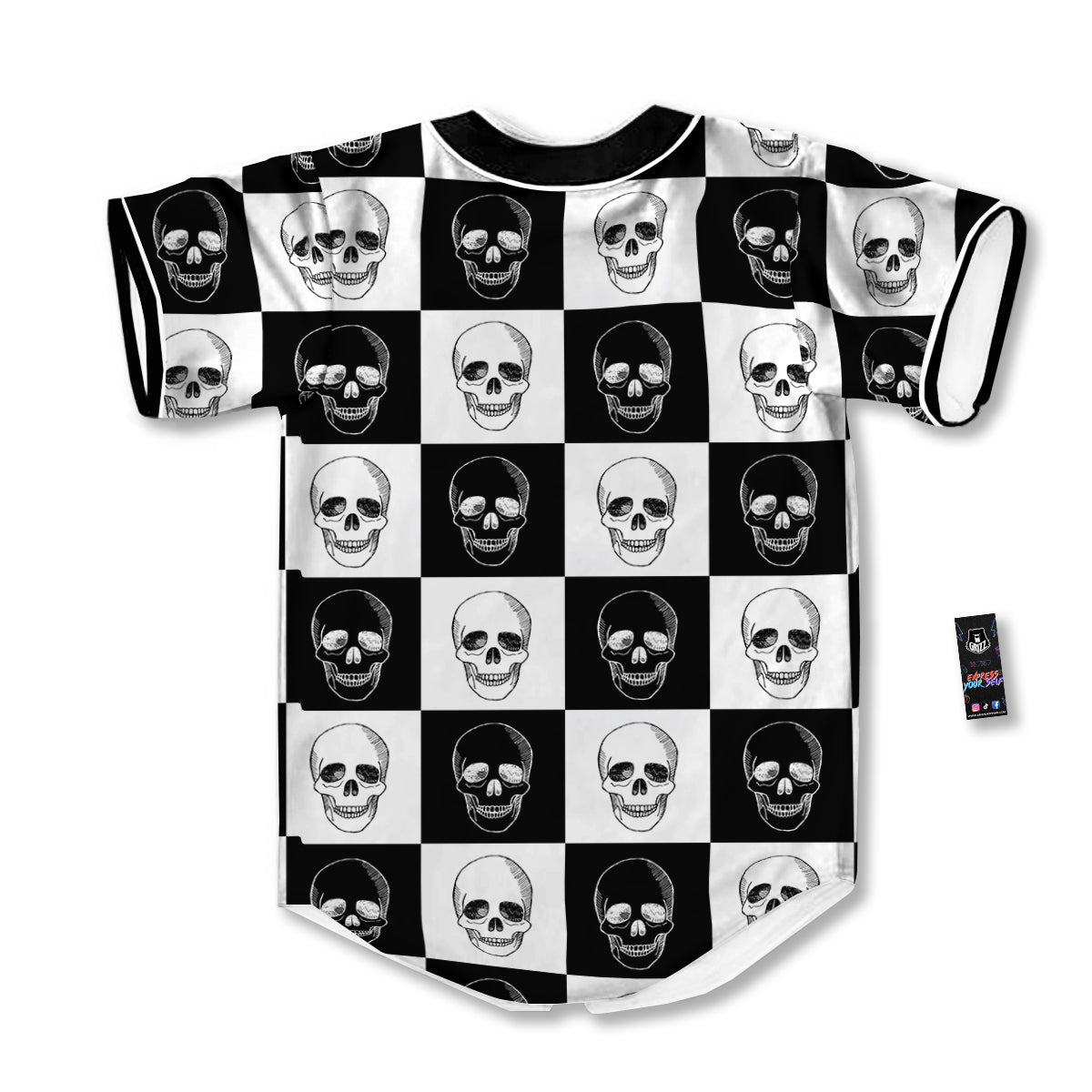 Skull Checkered Print Pattern Baseball Jersey-grizzshop