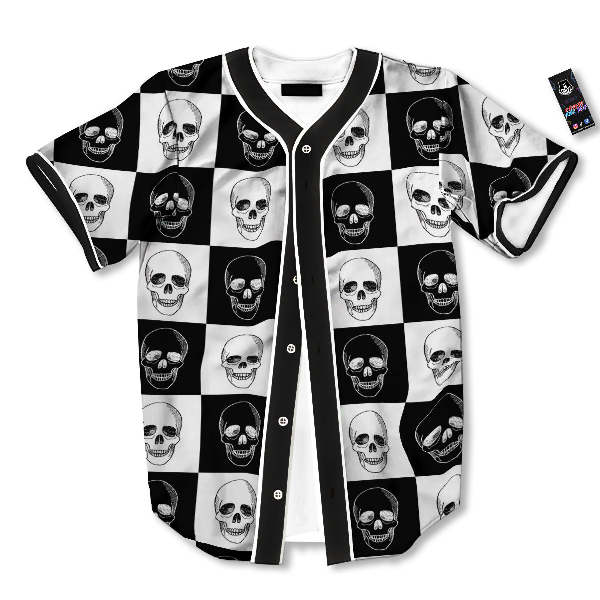 Skull Checkered Print Pattern Baseball Jersey-grizzshop