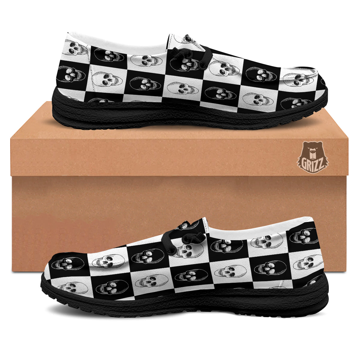 Skull Checkered Print Pattern Black Loafers-grizzshop