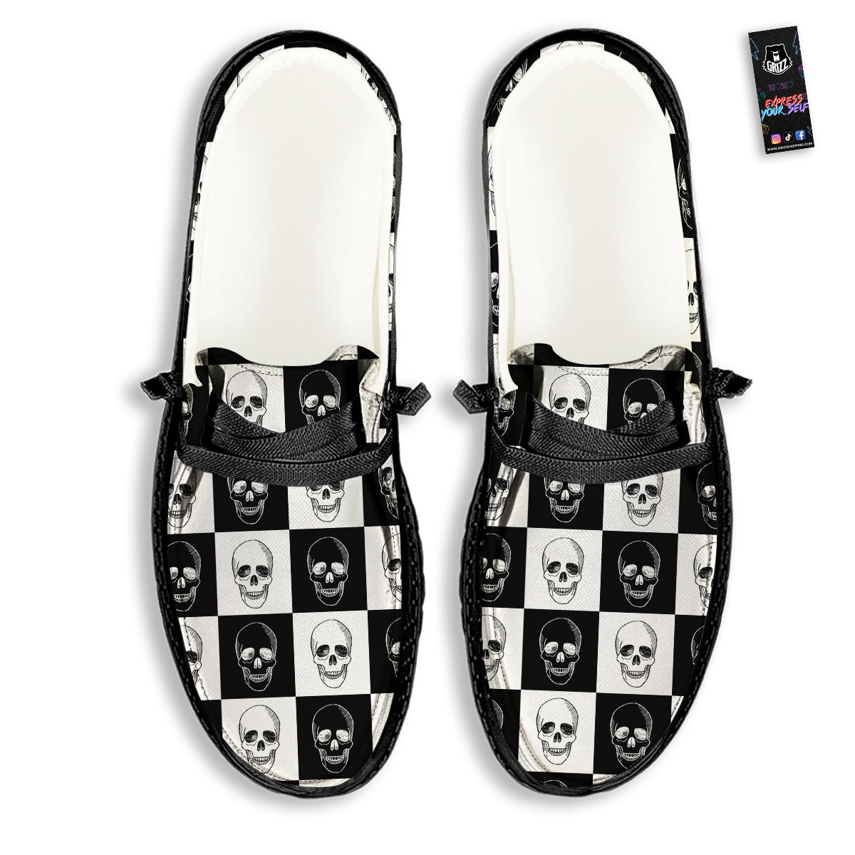 Skull Checkered Print Pattern Black Loafers-grizzshop