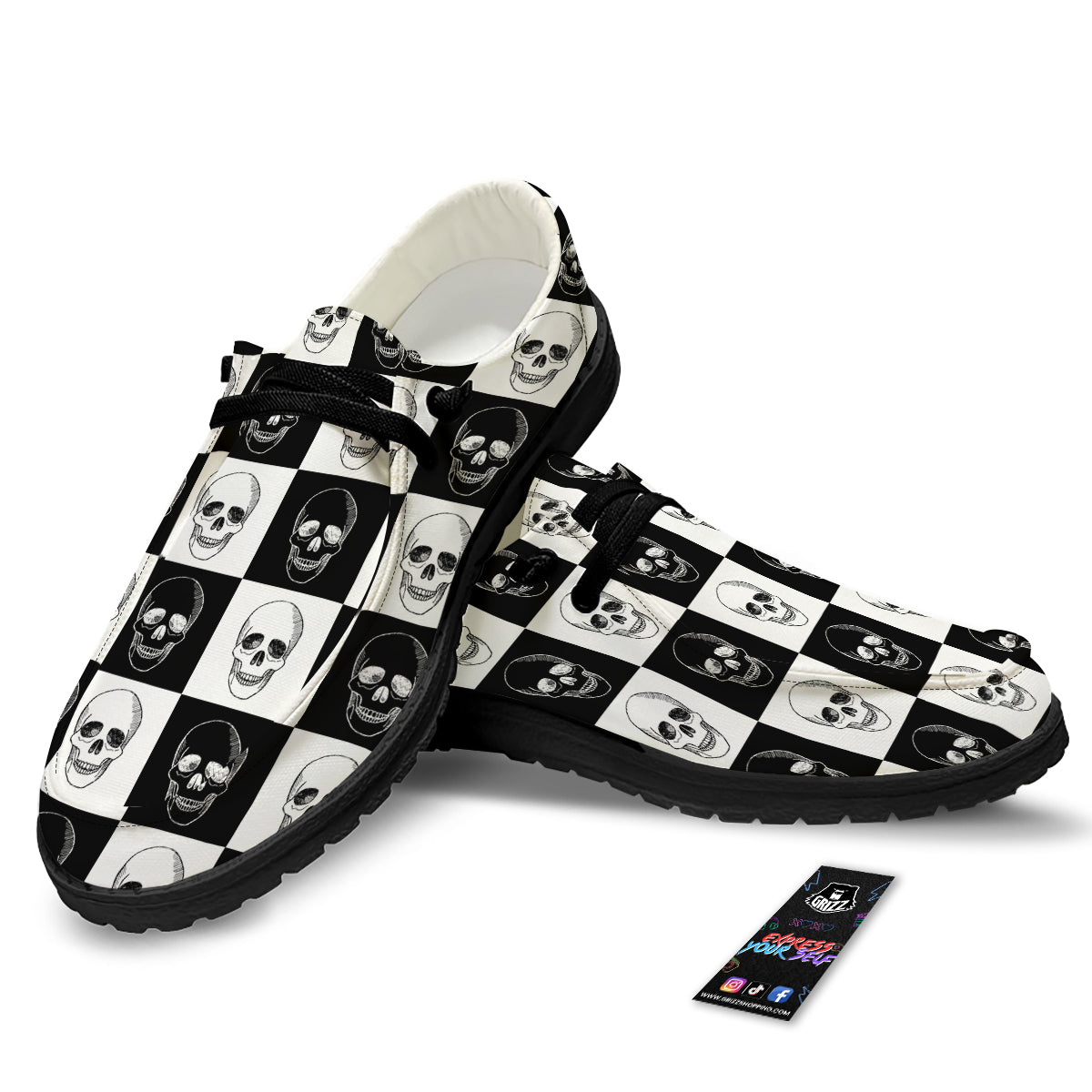 Skull Checkered Print Pattern Black Loafers-grizzshop
