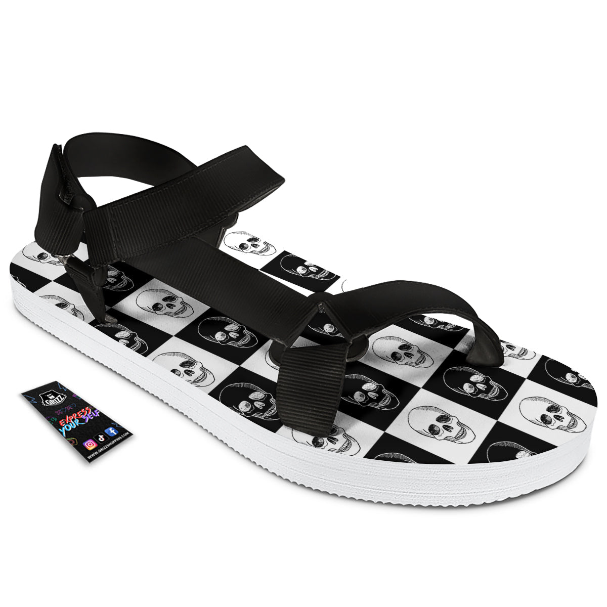 Skull Checkered Print Pattern Black Open Toe Sandals-grizzshop