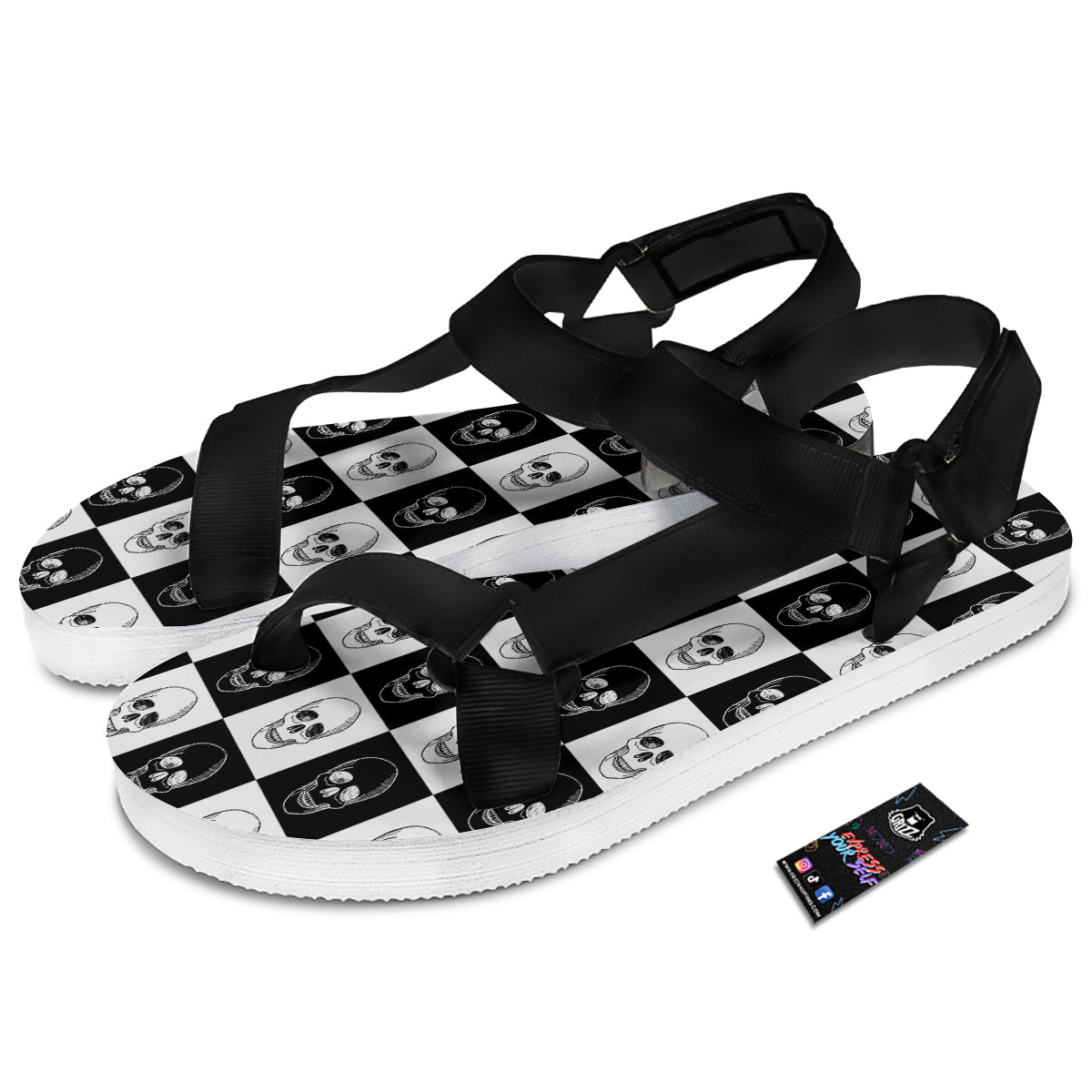 Skull Checkered Print Pattern Black Open Toe Sandals-grizzshop