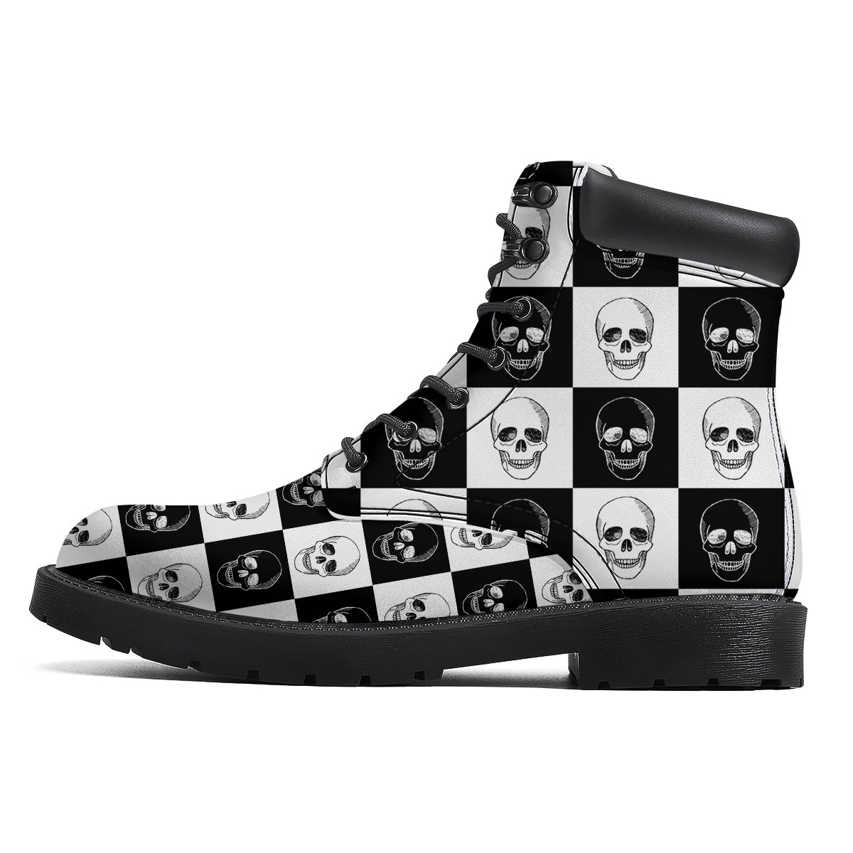 Skull Checkered Print Pattern Boots-grizzshop
