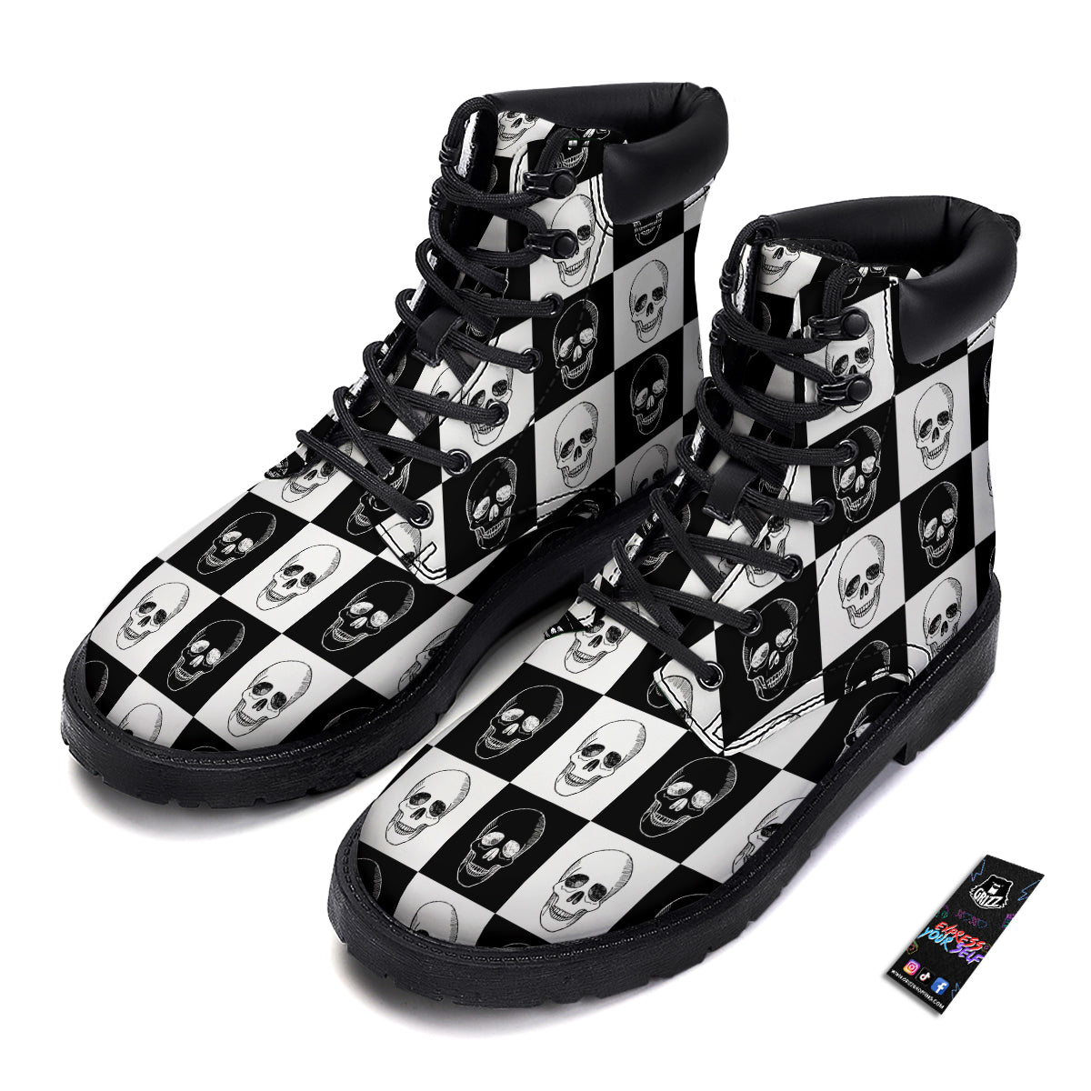 Skull Checkered Print Pattern Boots-grizzshop