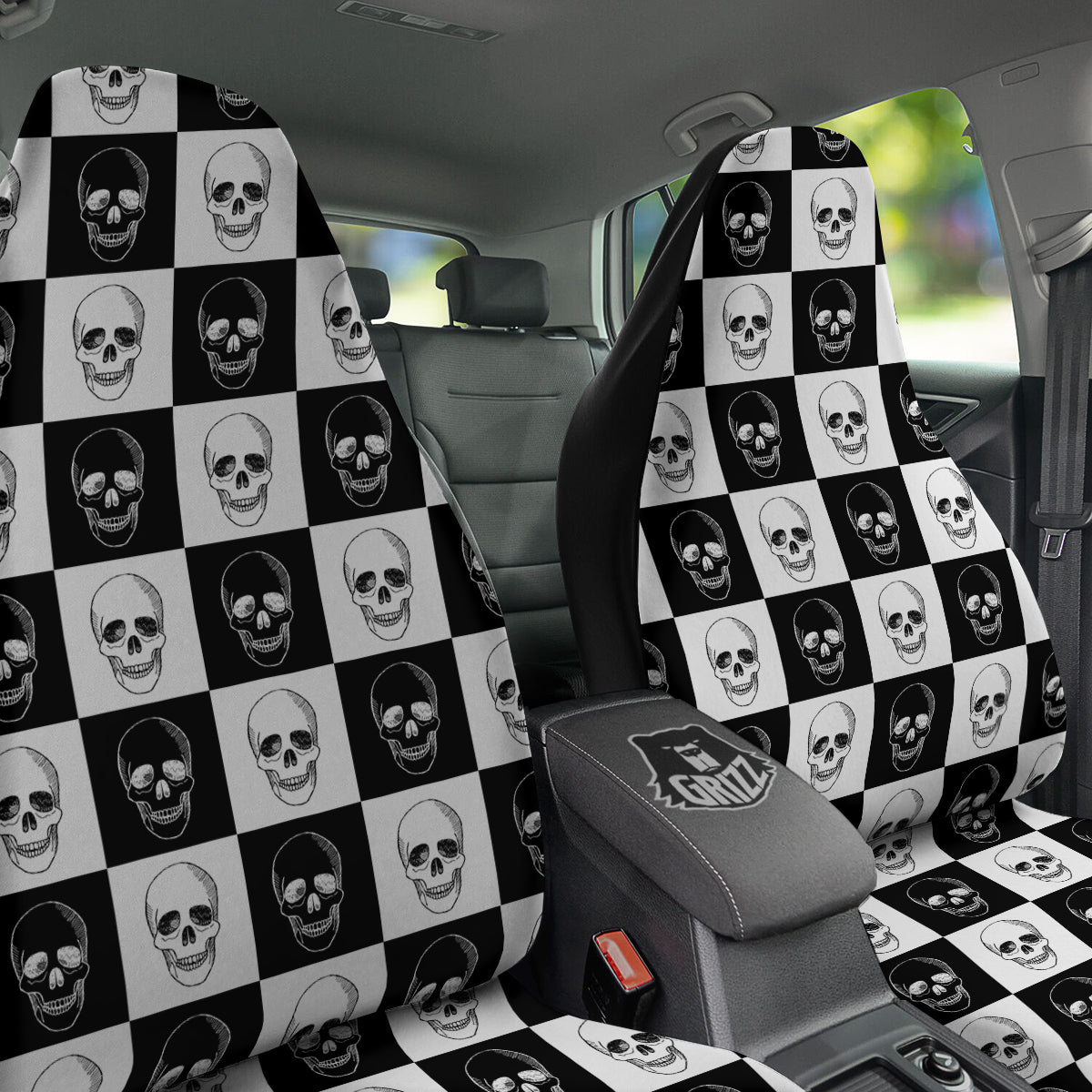 Skull Checkered Print Pattern Car Seat Covers-grizzshop