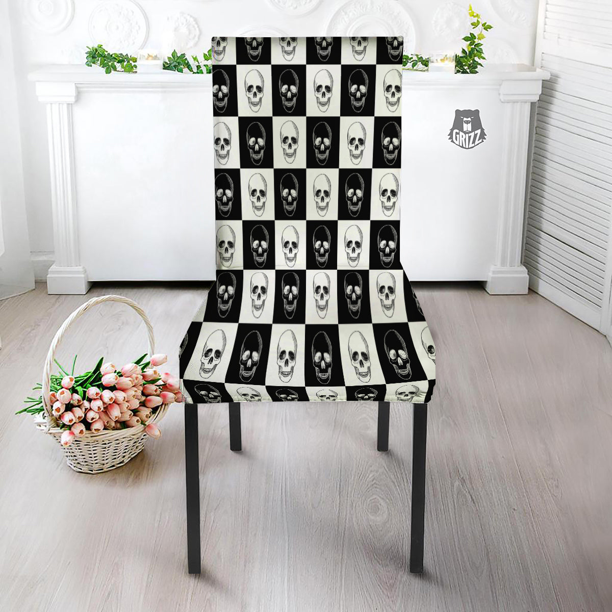 Skull Checkered Print Pattern Dining Chair Slipcover-grizzshop