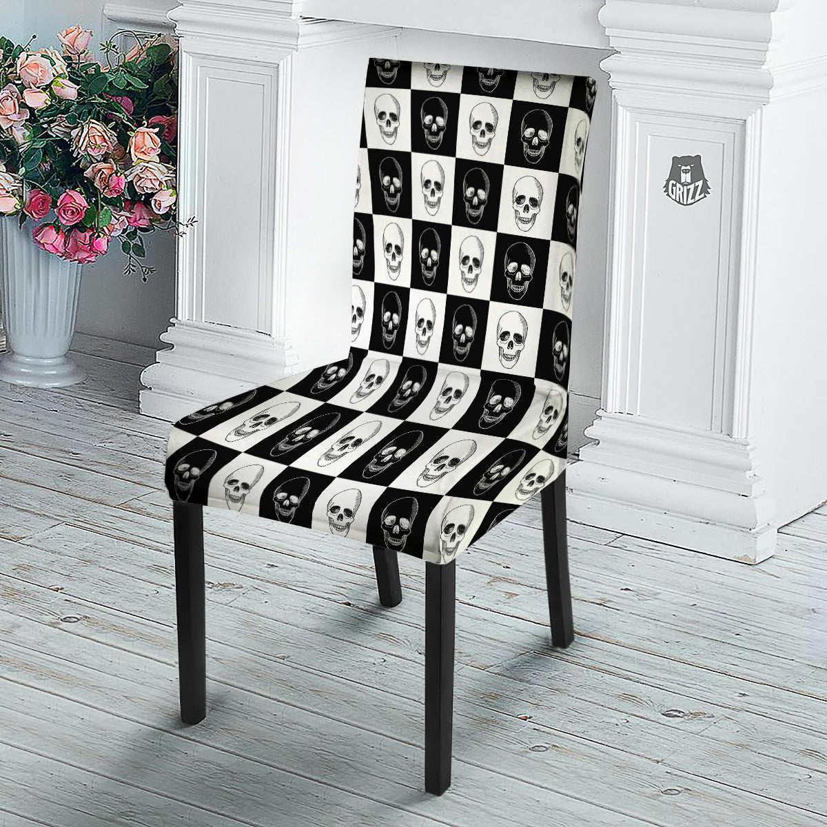 Skull Checkered Print Pattern Dining Chair Slipcover-grizzshop