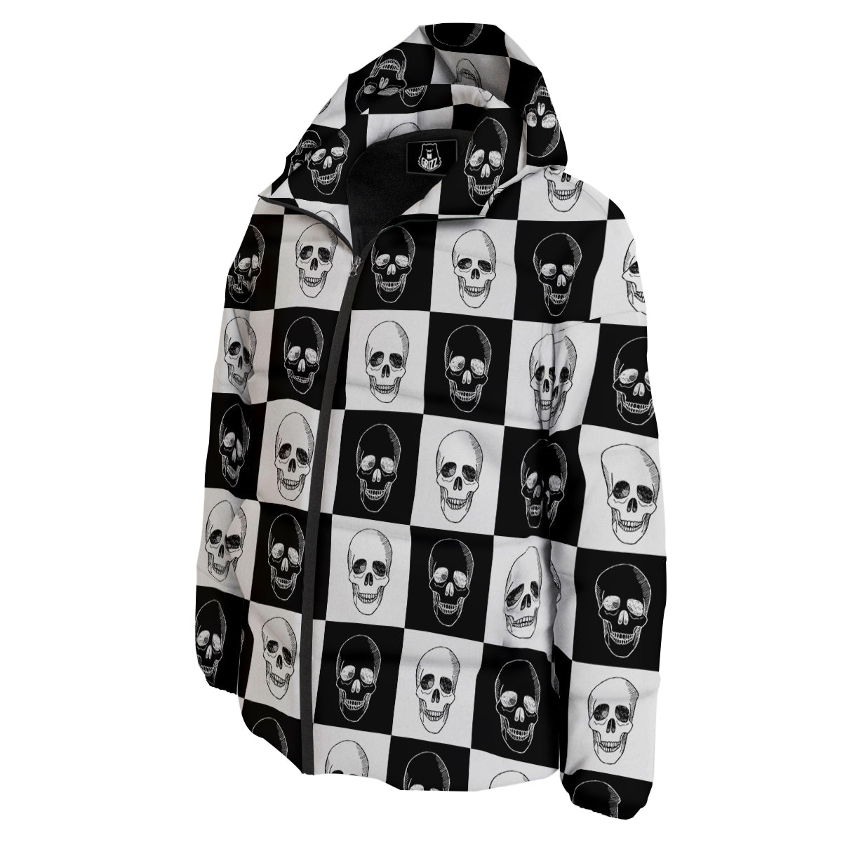 Skull Checkered Print Pattern Down Jacket-grizzshop