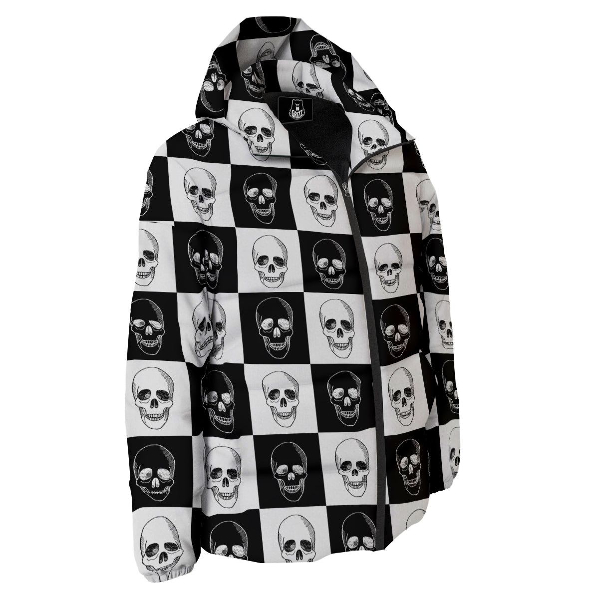 Skull Checkered Print Pattern Down Jacket-grizzshop