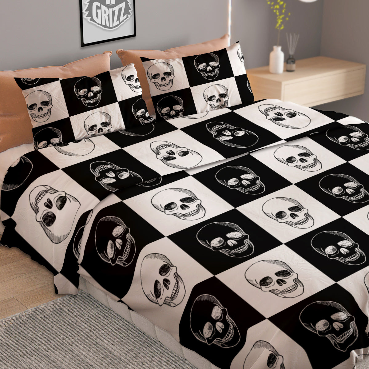 Skull Checkered Print Pattern Duvet Cover Bedding Set