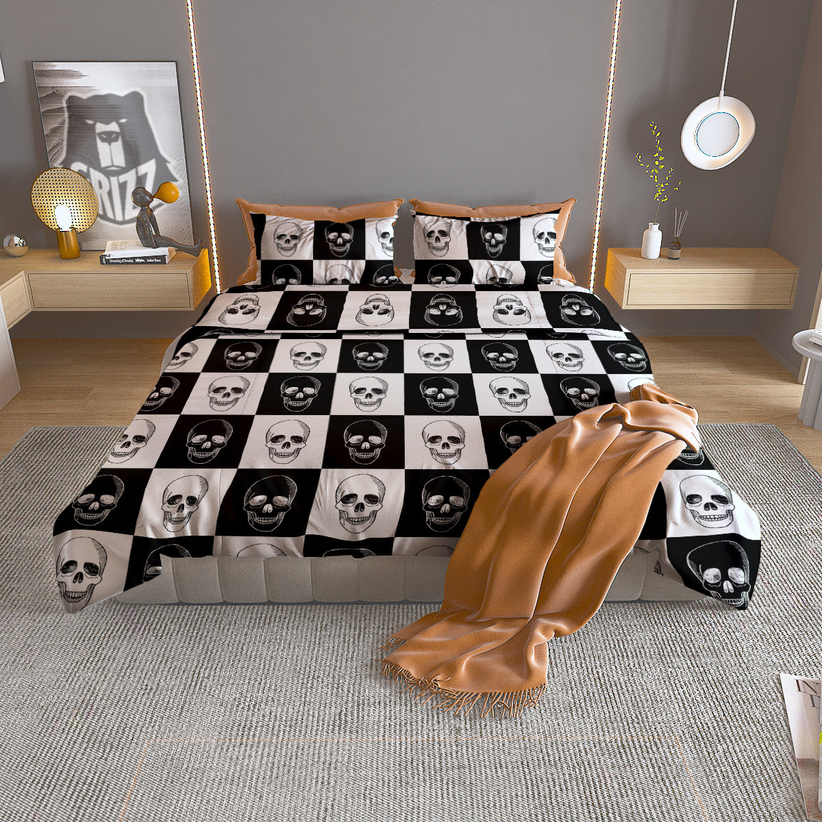 Skull Checkered Print Pattern Duvet Cover Bedding Set