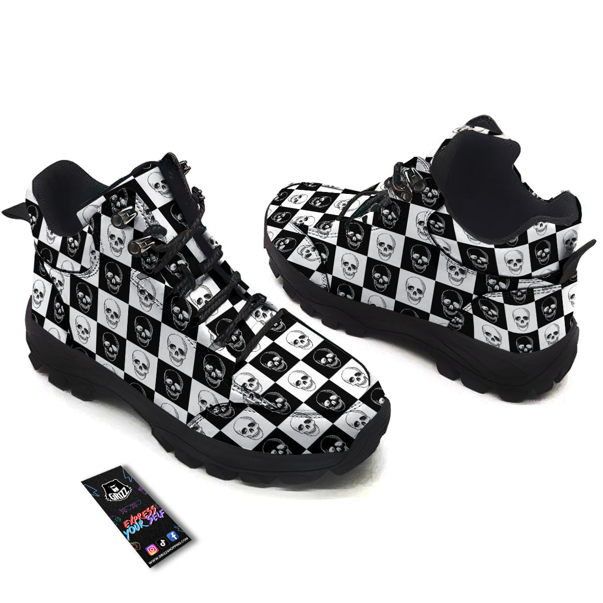 Skull Checkered Print Pattern Hiking Shoes-grizzshop