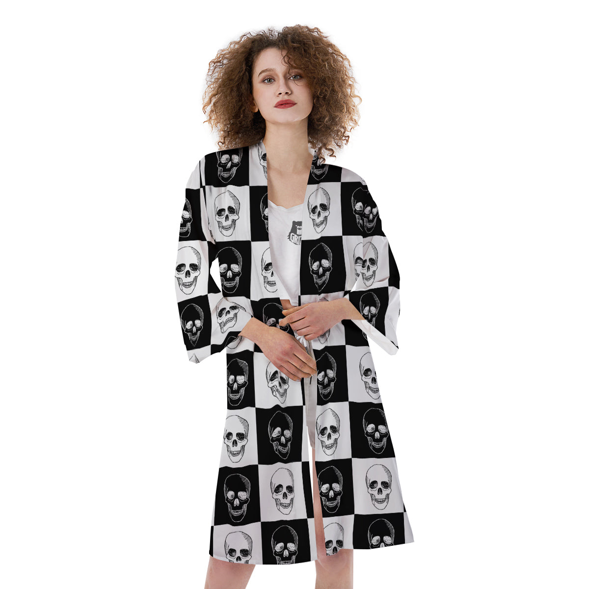 Skull Checkered Print Pattern Kimono-grizzshop