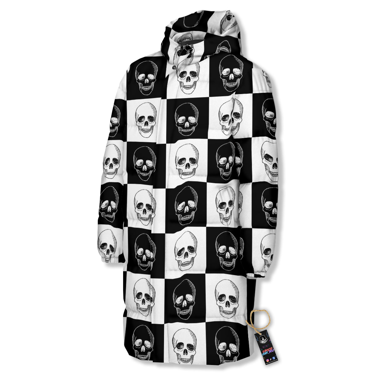 Skull Checkered Print Pattern Long Down Jacket-grizzshop