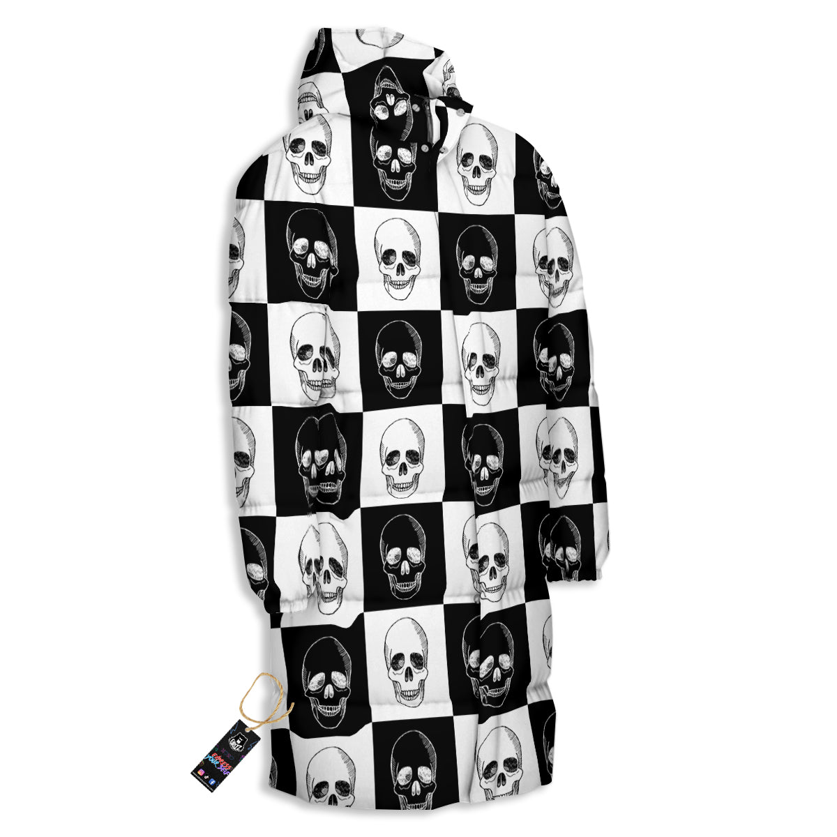 Skull Checkered Print Pattern Long Down Jacket-grizzshop