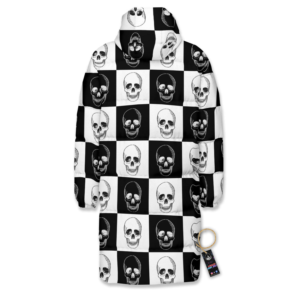 Skull Checkered Print Pattern Long Down Jacket-grizzshop