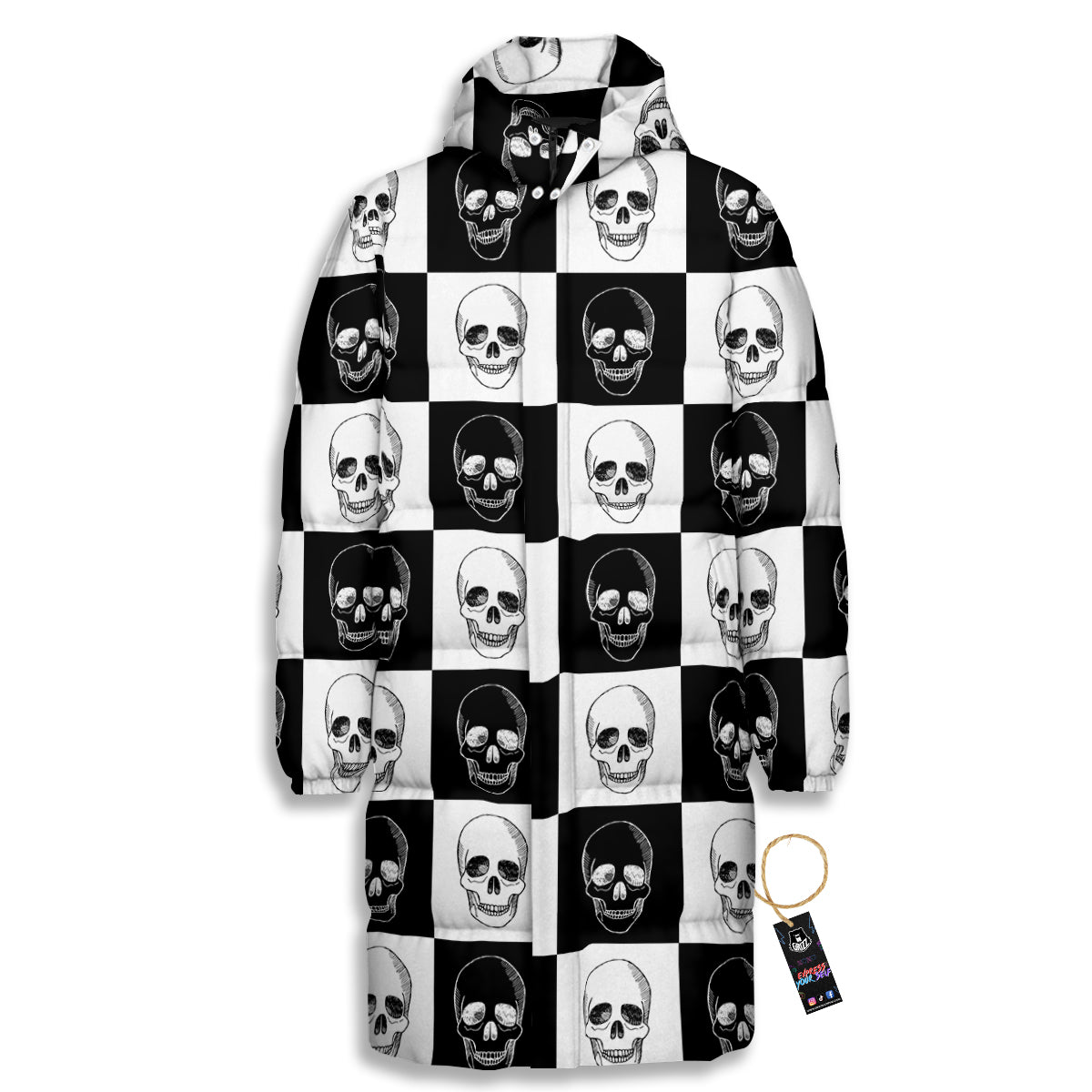 Skull Checkered Print Pattern Long Down Jacket-grizzshop