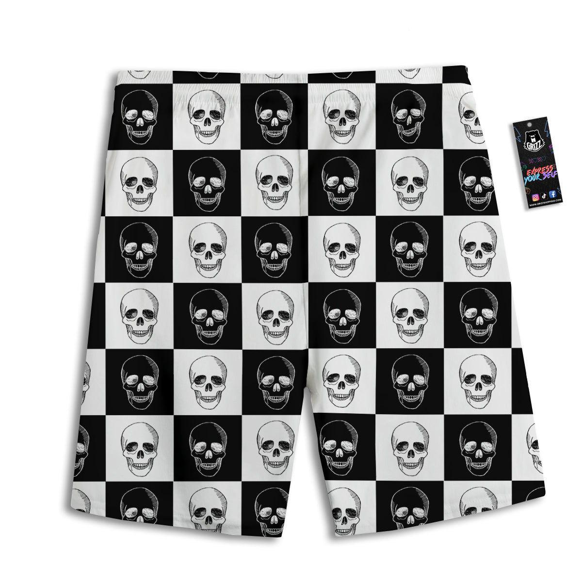 Skull Checkered Print Pattern Men's Athletic Shorts