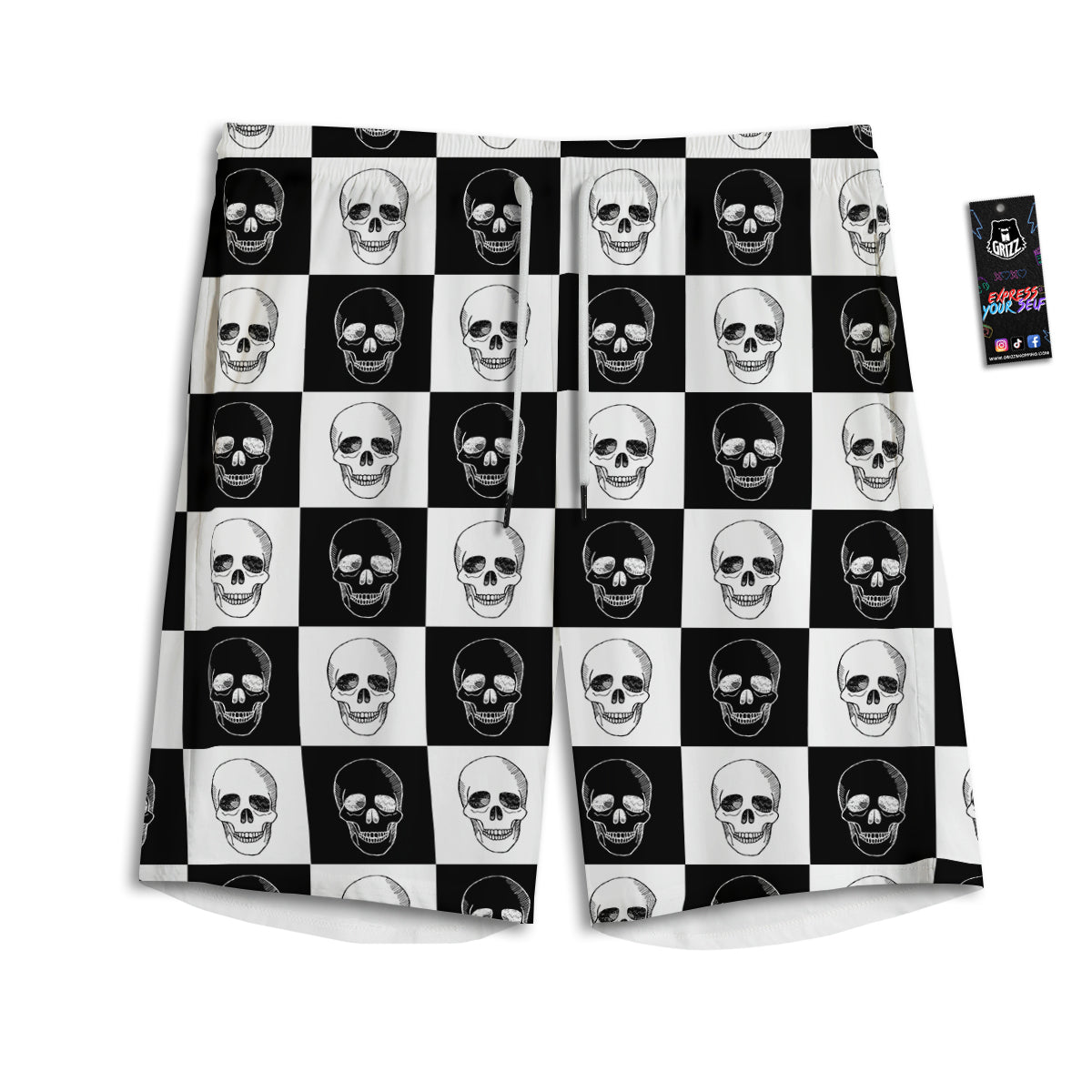 Skull Checkered Print Pattern Men's Athletic Shorts