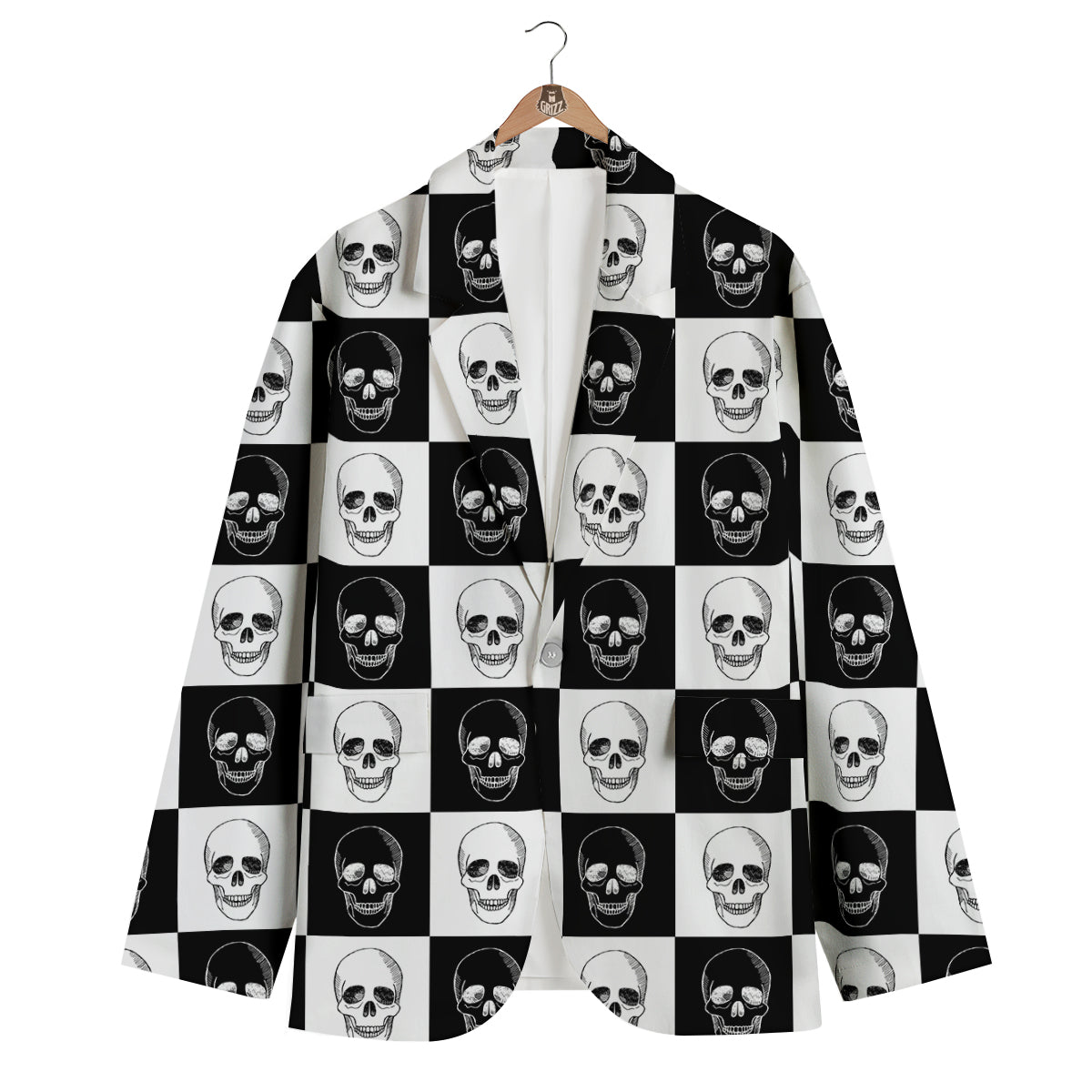 Skull Checkered Print Pattern Men's Blazer-grizzshop