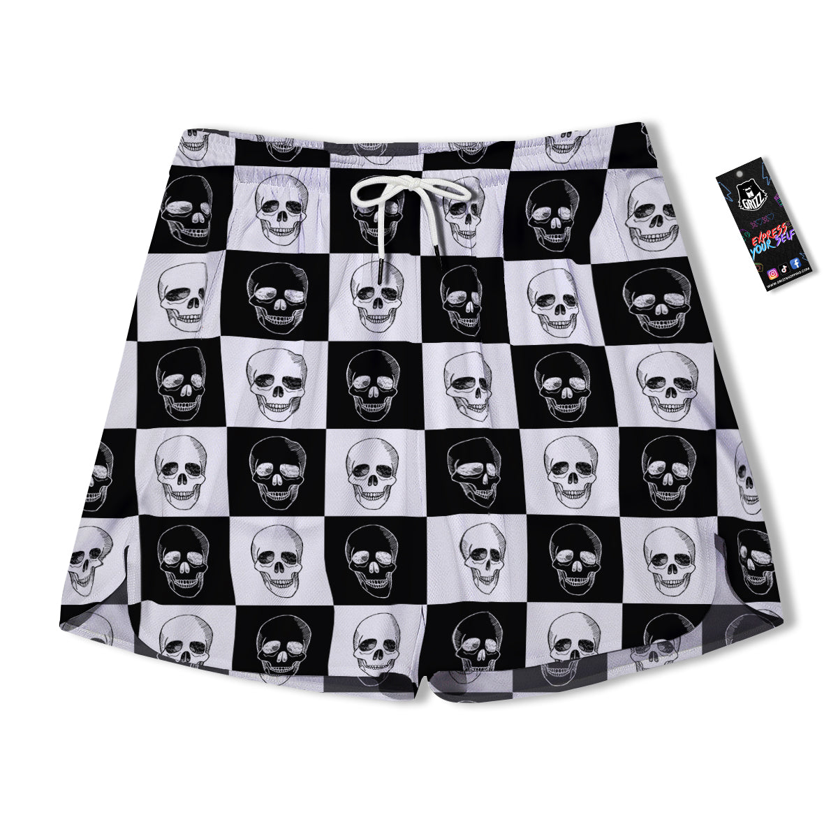 Skull Checkered Print Pattern Men's Running Shorts-grizzshop