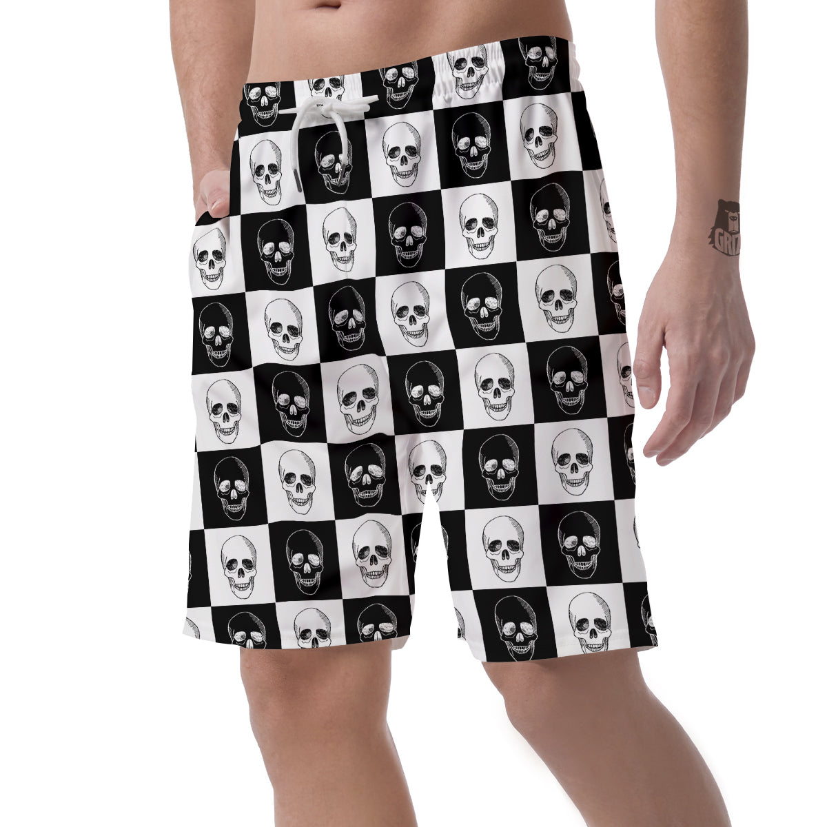 Skull Checkered Print Pattern Men's Shorts-grizzshop
